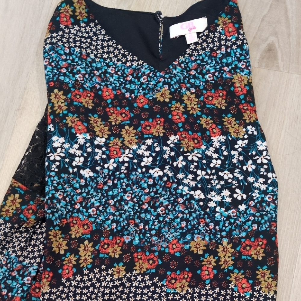 GB girls Black Floral V-Neck Sleeveless Top with Teal and Red Accents